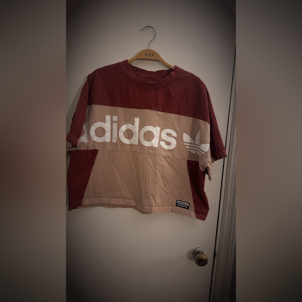 Adidas Red and Tan Color-Blocked Short Sleeve Tee